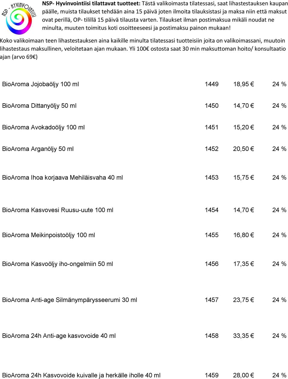 BioAroma Meikinpoistoöljy 100 ml 1455 16,80 24 % BioAroma Kasvoöljy iho-ongelmiin 50 ml 1456 17,35 24 % BioAroma Anti-age Silmänympärysseerumi