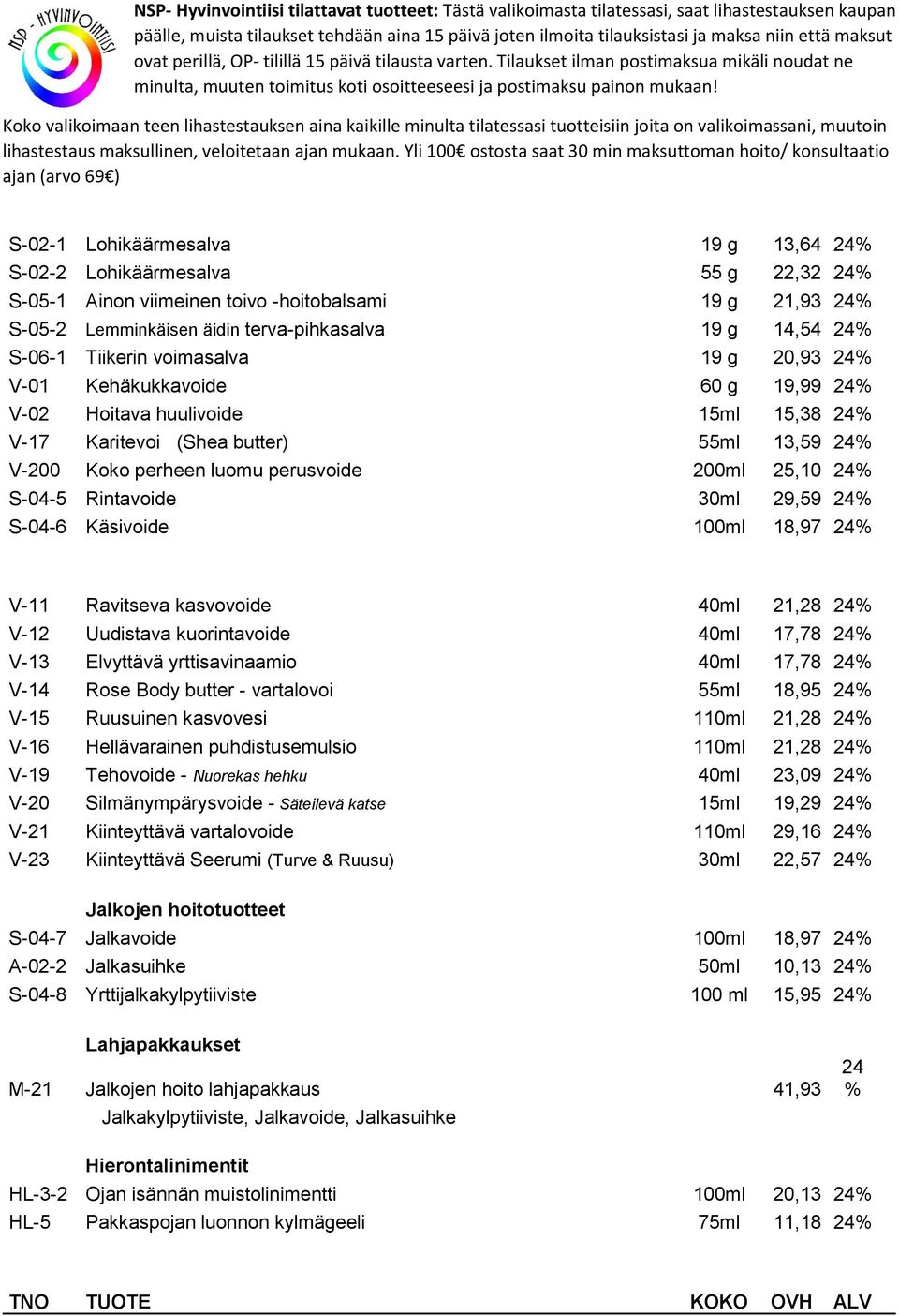 25,10 24% S-04-5 Rintavoide 30ml 29,59 24% S-04-6 Käsivoide 100ml 18,97 24% V-11 Ravitseva kasvovoide 40ml 21,28 24% V-12 Uudistava kuorintavoide 40ml 17,78 24% V-13 Elvyttävä yrttisavinaamio 40ml