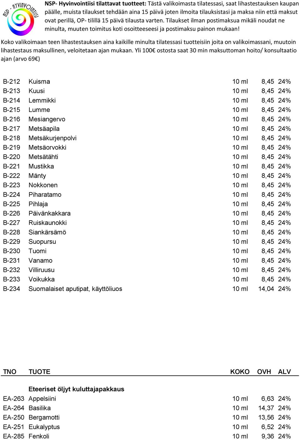 B-225 Pihlaja 10 ml 8,45 24% B-226 Päivänkakkara 10 ml 8,45 24% B-227 Ruiskaunokki 10 ml 8,45 24% B-228 Siankärsämö 10 ml 8,45 24% B-229 Suopursu 10 ml 8,45 24% B-230 Tuomi 10 ml 8,45 24% B-231