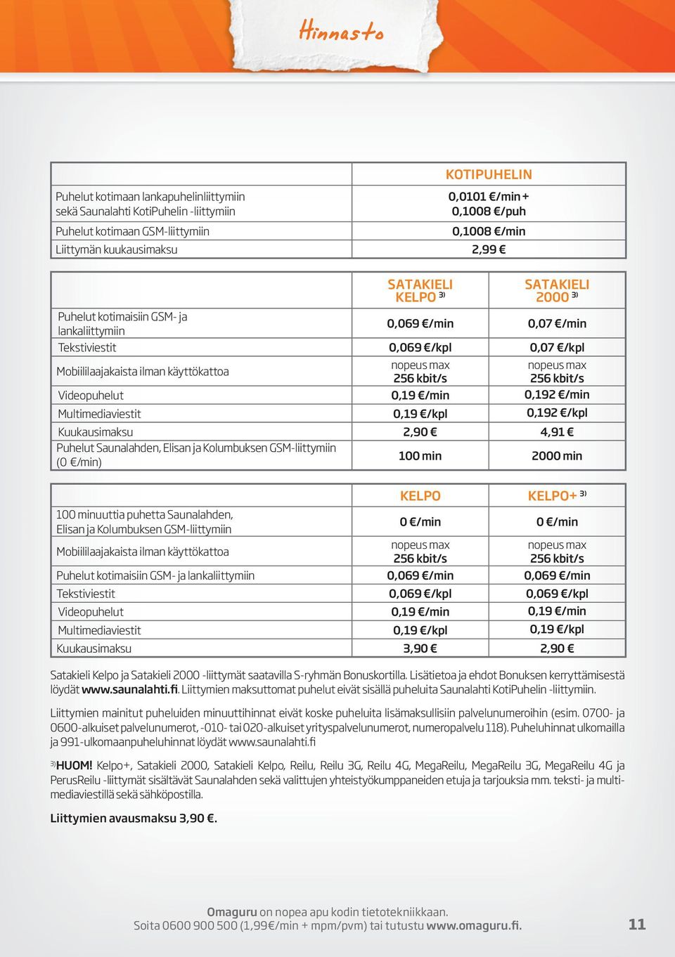 kuukausimaksu 2,99 nopeus max 256 kbit/s Videopuhelut 0,19 /min 0,192 /min Multimediaviestit 0,19 /kpl 0,192 /kpl Kuukausimaksu 2,90 4,91 Puhelut Saunalahden, Elisan ja Kolumbuksen GSM-liittymiin (0