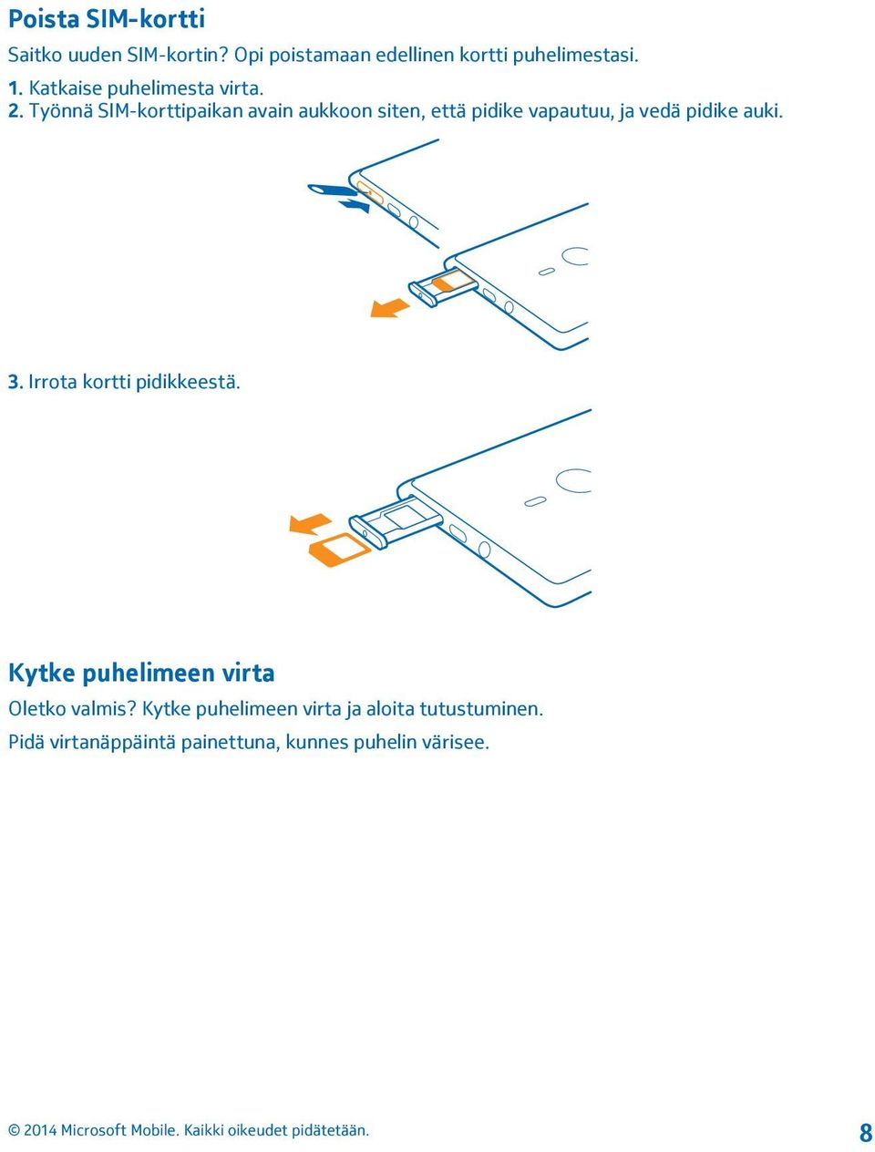 Työnnä SIM-korttipaikan avain aukkoon siten, että pidike vapautuu, ja vedä pidike auki. 3.