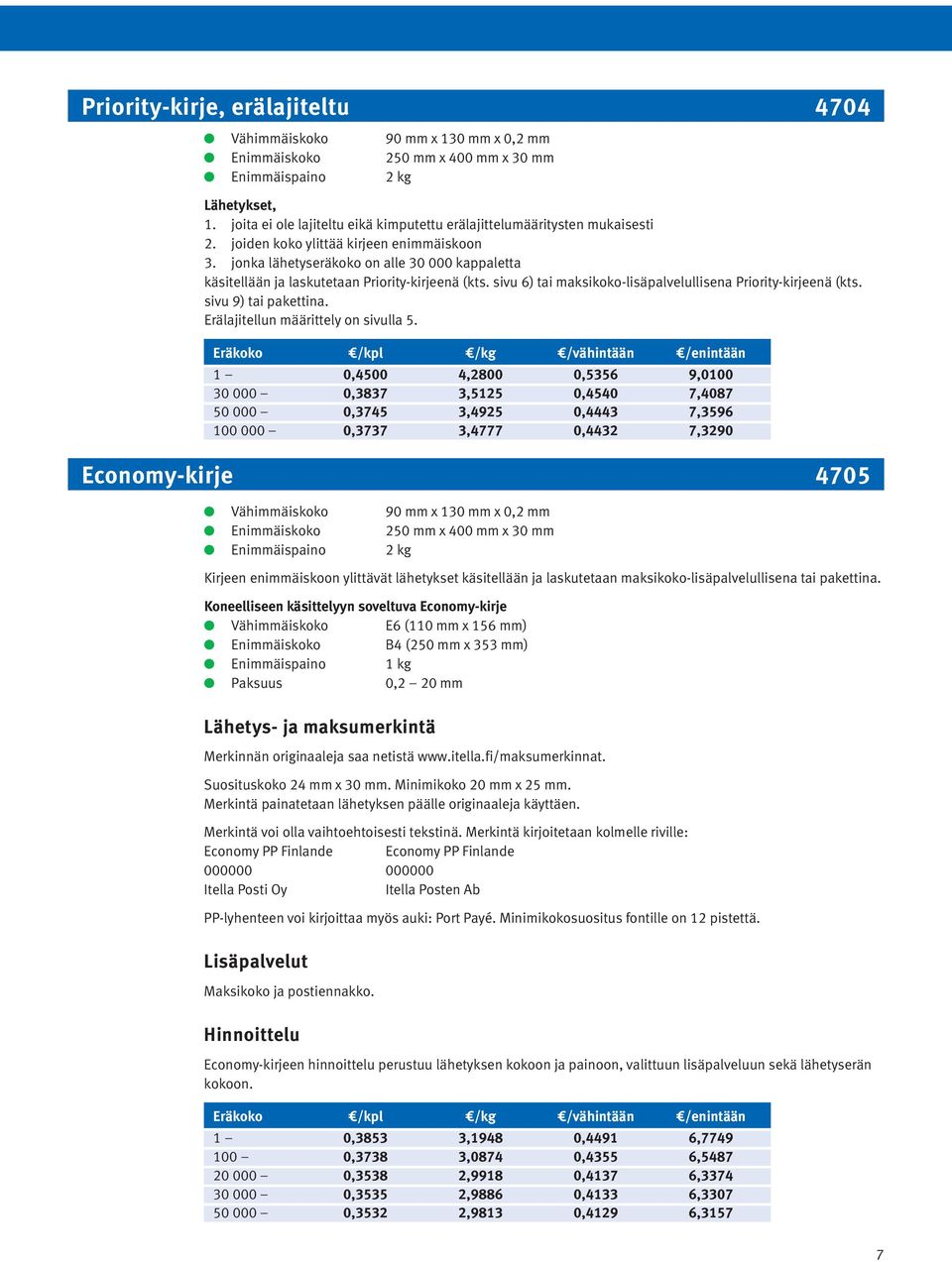 jonka lähetyseräkoko on alle 30 000 kappaletta käsitellään ja laskutetaan Priority-kirjeenä (kts. sivu 6) tai maksikoko-lisäpalvelullisena Priority-kirjeenä (kts. sivu 9) tai pakettina.