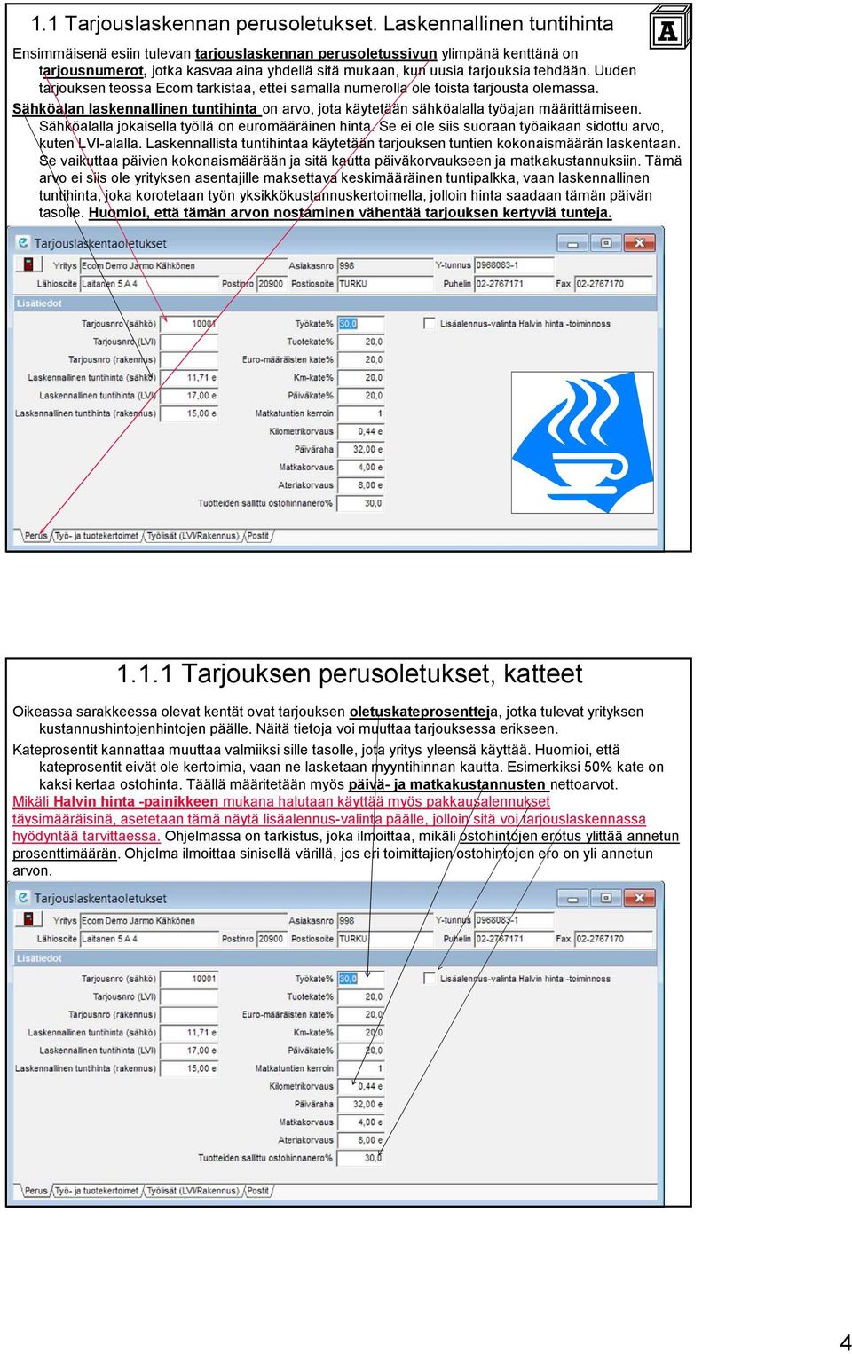 Uuden tarjouksen teossa Ecom tarkistaa, ettei samalla numerolla ole toista tarjousta olemassa. Sähköalan laskennallinen tuntihinta on arvo, jota käytetään sähköalalla työajan määrittämiseen.