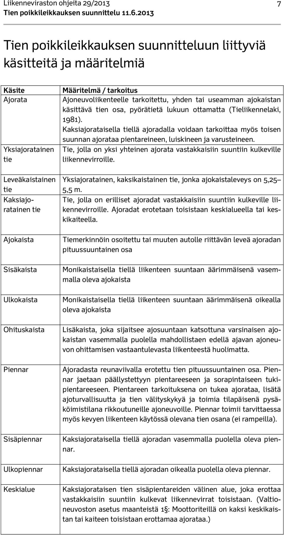 lukuun ottamatta (Tieliikennelaki, 1981). Kaksiajorataisella tiellä ajoradalla voidaan tarkoittaa myös toisen suunnan ajorataa pientareineen, luiskineen ja varusteineen.