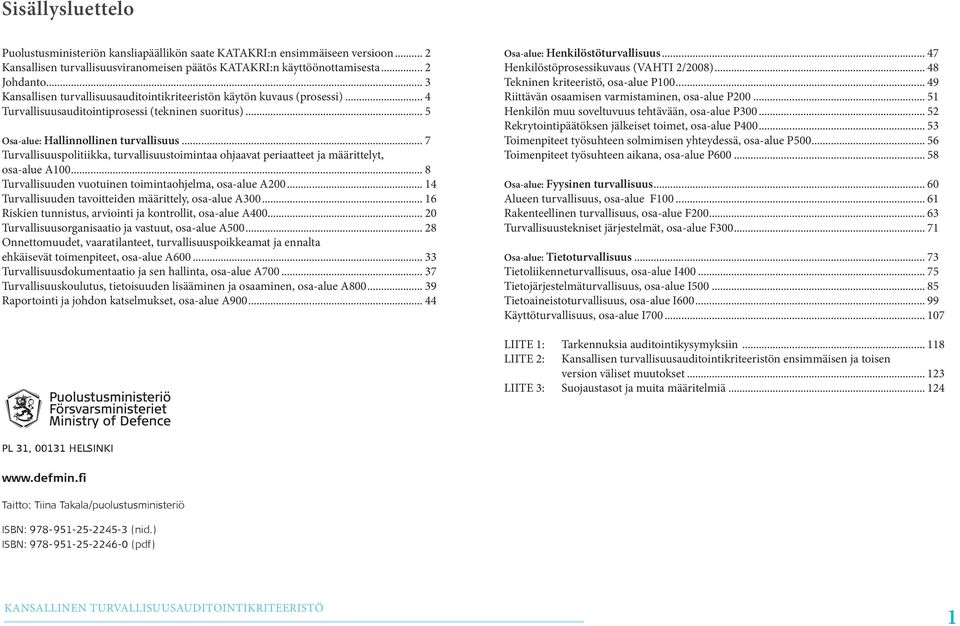 .. 7 Turvallisuuspolitiikka, turvallisuustoimintaa ohjaavat periaatteet ja määrittelyt, osa-alue A100... 8 Turvallisuuden vuotuinen toimintaohjelma, osa-alue A200.