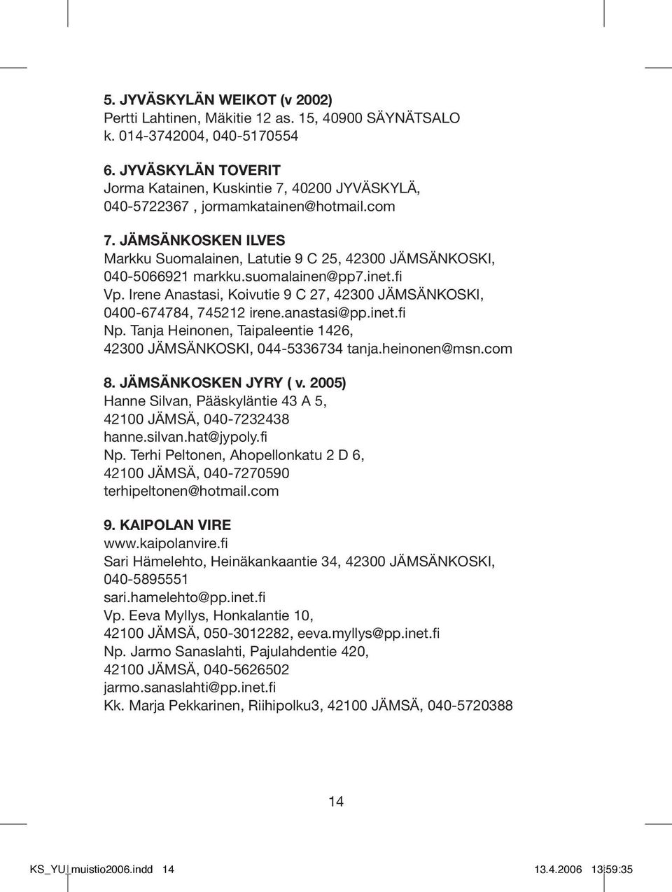 JÄMSÄNKOSKEN ILVES Markku Suomalainen, Latutie 9 C 25, 42300 JÄMSÄNKOSKI, 040-5066921 markku.suomalainen@pp7.inet.fi Vp. Irene Anastasi, Koivutie 9 C 27, 42300 JÄMSÄNKOSKI, 0400-674784, 745212 irene.