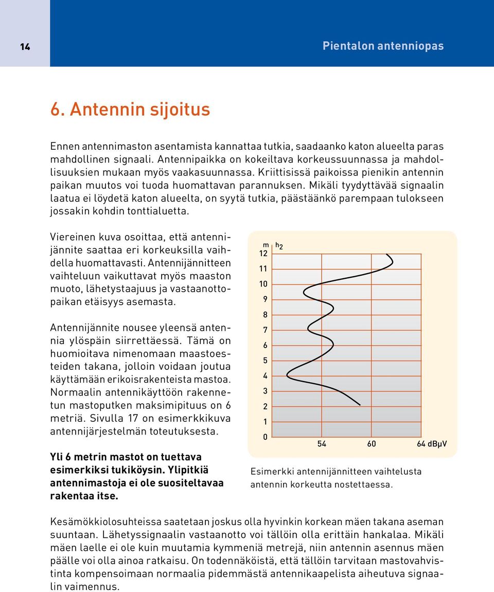 Mikäli tyydyttävää signaalin laatua ei löydetä katon alueelta, on syytä tutkia, päästäänkö parempaan tulokseen jossakin kohdin tonttialuetta.