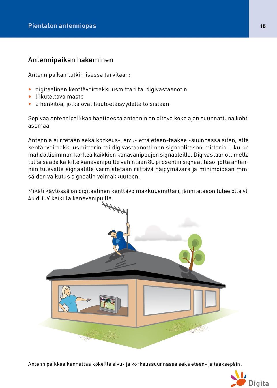 Antennia siirretään sekä korkeus-, sivu- että eteen-taakse -suunnassa siten, että kentänvoimakkuusmittarin tai digivastaanottimen signaalitason mittarin luku on mahdollisimman korkea kaikkien