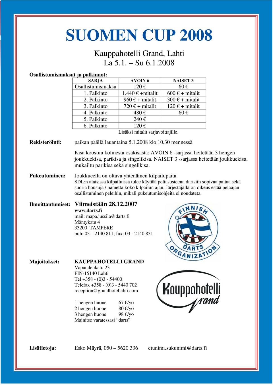 Rekisteröinti: paikan päällä lauantaina 5.1.2008 klo 10.30 mennessä Pukeutuminen: Kisa koostuu kolmesta osakisasta: AVOIN 6 -sarjassa heitetään 3 hengen joukkuekisa, parikisa ja singelikisa.