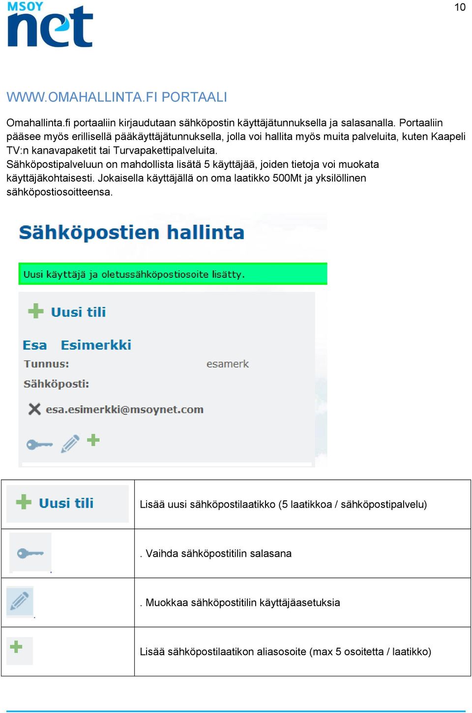 Sähköpostipalveluun on mahdollista lisätä 5 käyttäjää, joiden tietoja voi muokata käyttäjäkohtaisesti.