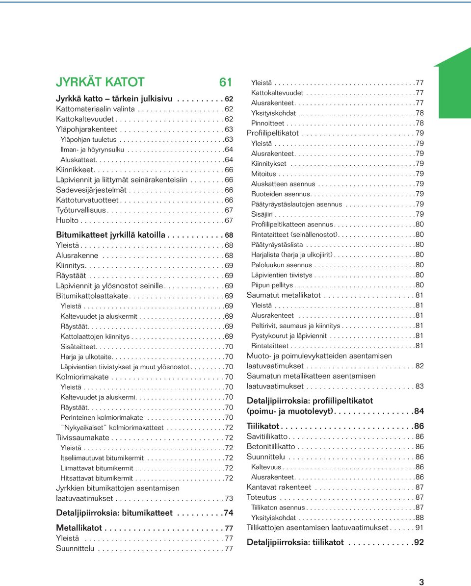 ... 68 Yleistä... 68 Alusrakenne... 68 Kiinnitys.... 69 Räystäät... 69 Läpiviennit ja ylösnostot seinille.... 69 Bitumikattolaattakate.... 69 Yleistä.... 69 Kaltevuudet ja aluskermit.... 69 Räystäät.... 69 Kattolaattojen kiinnitys.