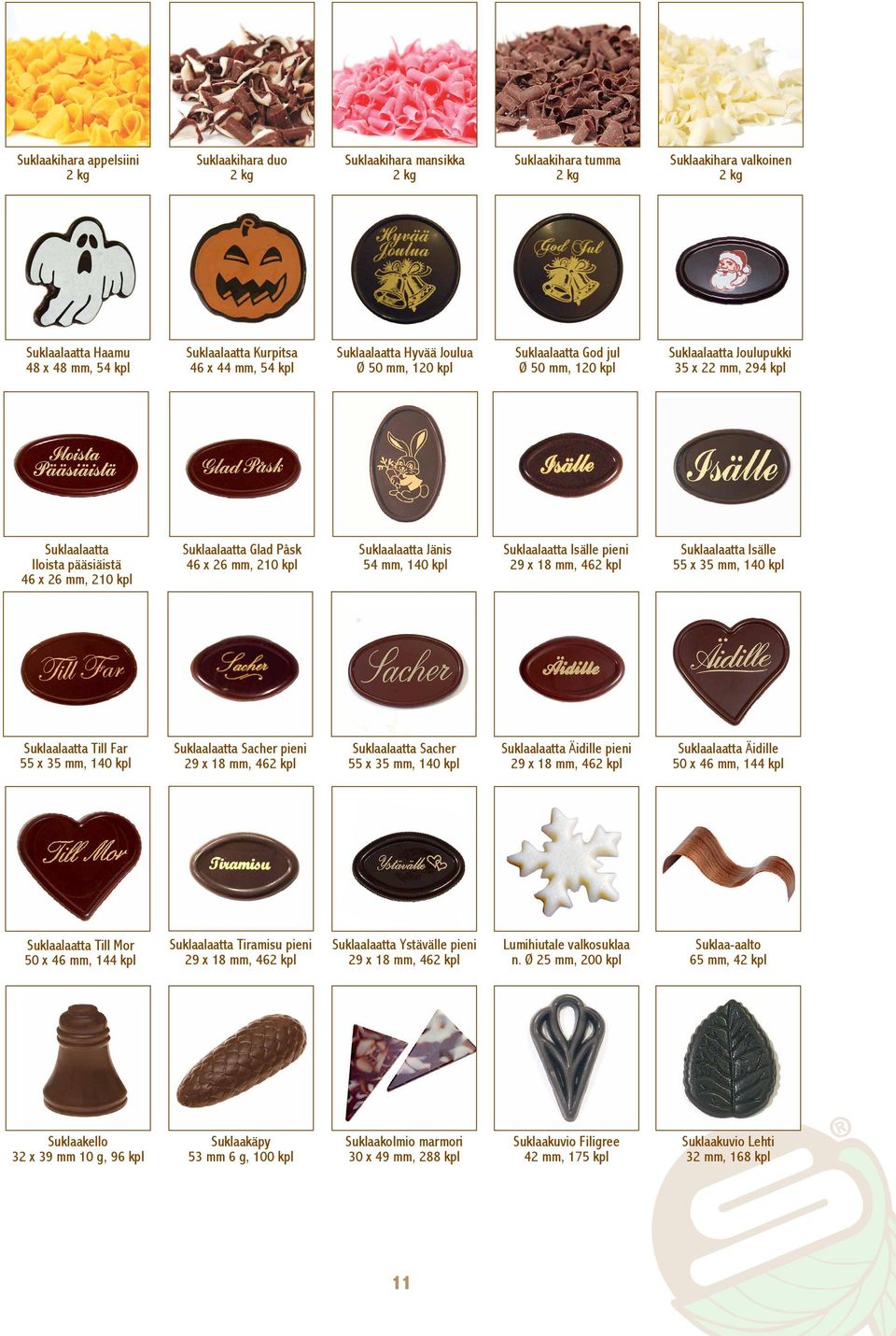 210 kpl Suklaalaatta Jänis 54 mm, 140 kpl Suklaalaatta Isälle pieni 29 x 18 mm, 462 kpl Suklaalaatta Isälle 55 x 35 mm, 140 kpl Suklaalaatta Till Far 55 x 35 mm, 140 kpl Suklaalaatta Sacher pieni 29