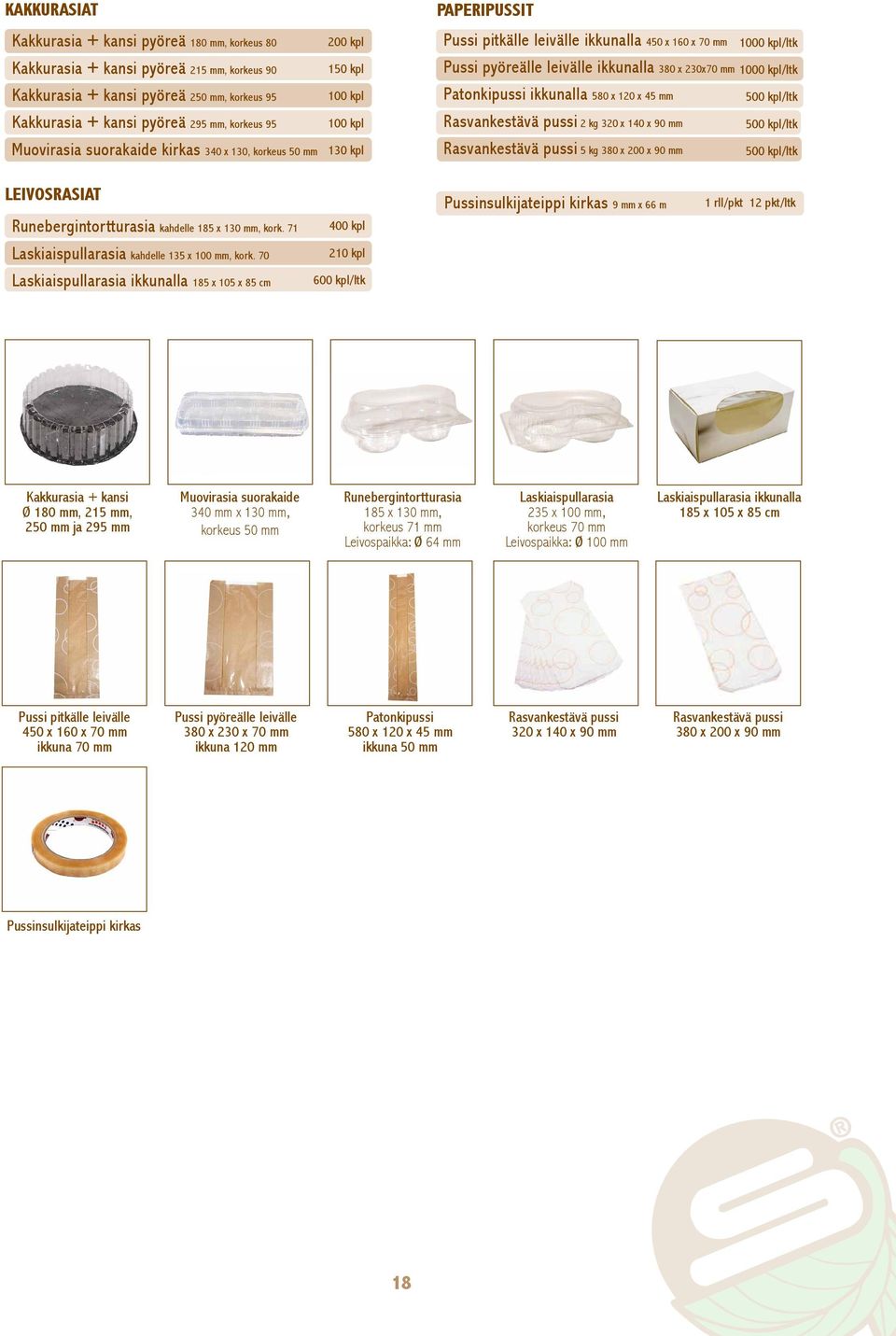 mm, korkeus 95 100 kpl Rasvankestävä pussi 320 x 140 x 90 mm 500 kpl/ltk Muovirasia suorakaide kirkas 340 x 130, korkeus 50 mm 130 kpl Rasvankestävä pussi 380 x 200 x 90 mm 500 kpl/ltk LEIVOSRASIAT