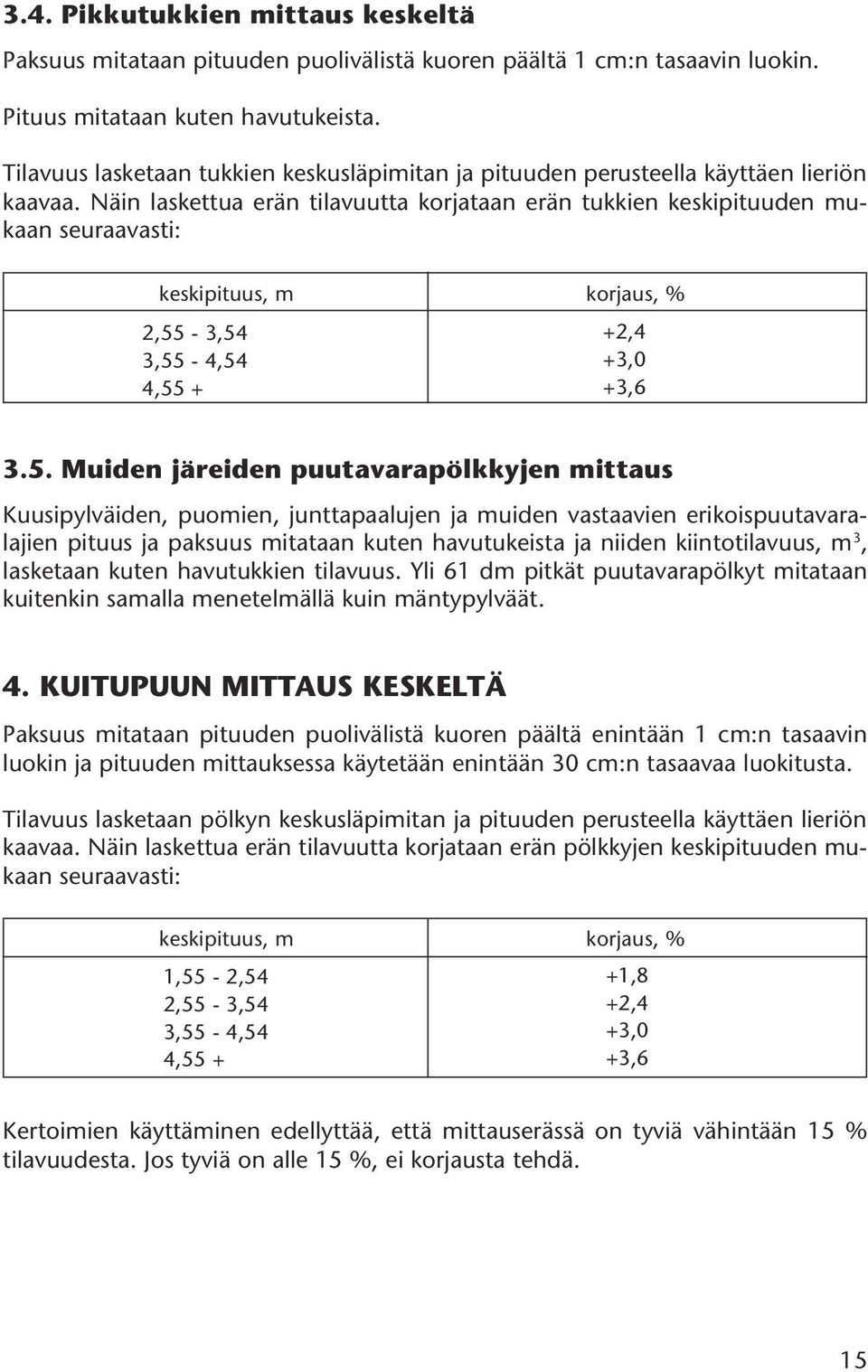 Näin laskettua erän tilavuutta korjataan erän tukkien keskipituuden mukaan seuraavasti: keskipituus, m korjaus, % 2,55