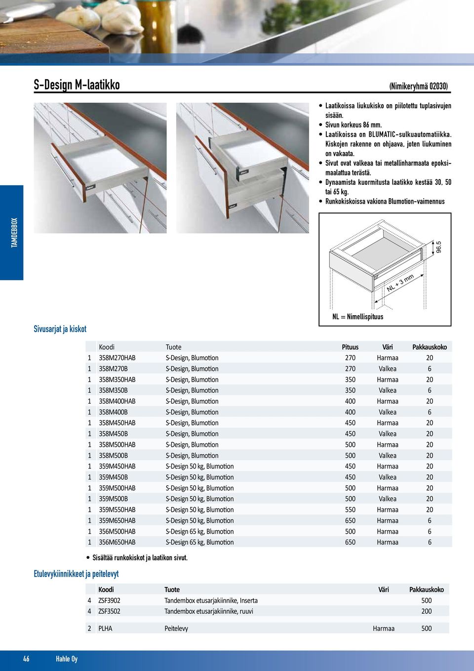 Runkokiskoissa vakiona Blumotion-vaimennus NL + 3 mm Sivusarjat ja kiskot NL = Nimellispituus Etulevykiinnikkeet ja peitelevyt Koodi Tuote Pituus Väri Pakkauskoko 358M270HAB S-Design, Blumotion 270