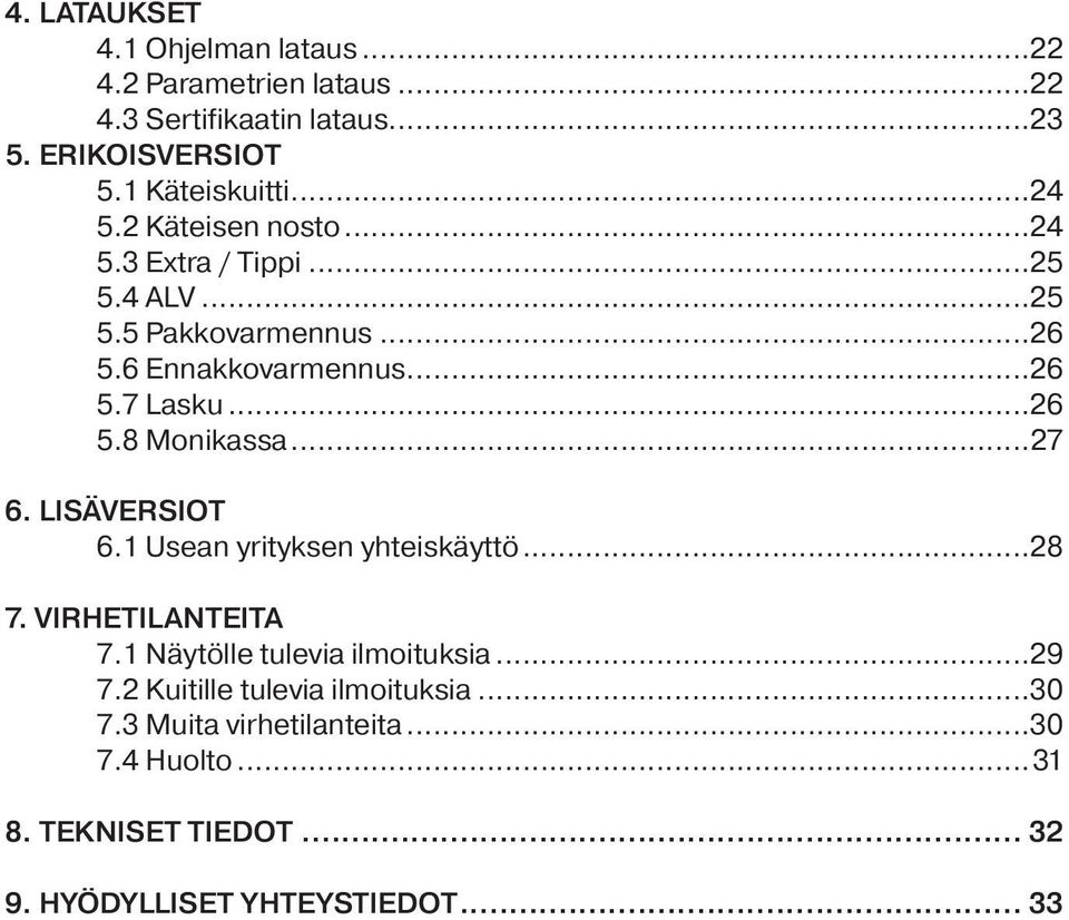 ..27 6. LISÄVERSIOT 6.1 Usean yrityksen yhteiskäyttö...28 7. VIRHETILANTEITA 7.1 Näytölle tulevia ilmoituksia...29 7.