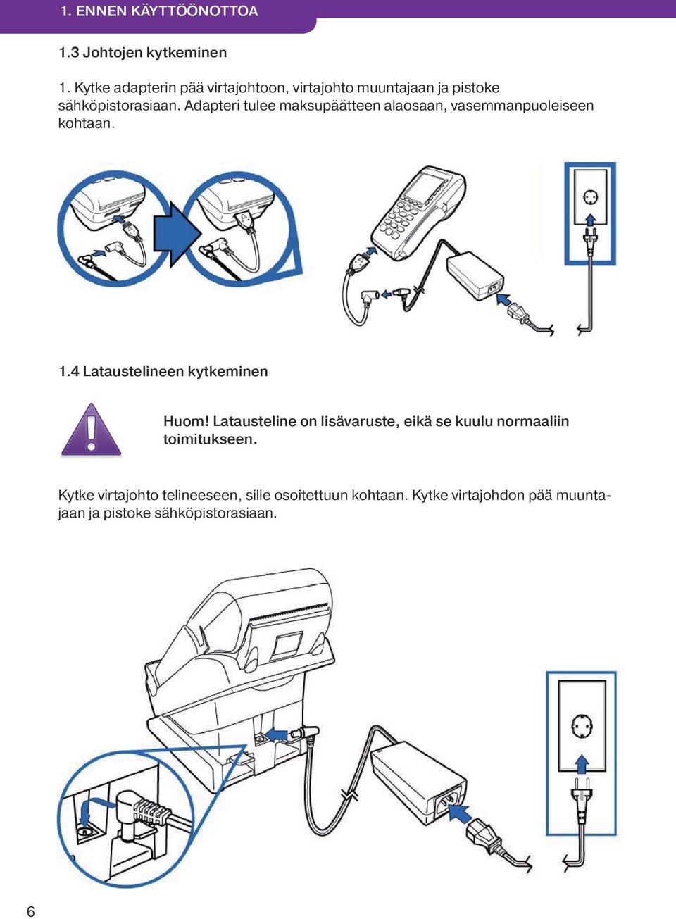 Adapteri tulee maksupäätteen alaosaan, vasemmanpuoleiseen kohtaan. 1.4 Lataustelineen kytkeminen Huom!