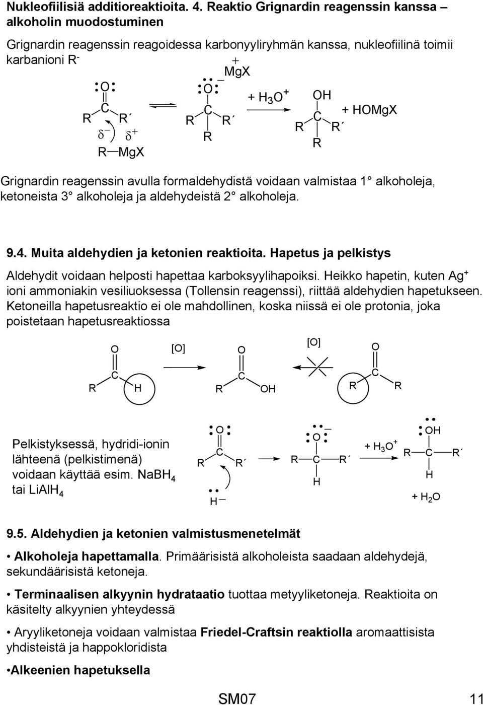 reagenssin avulla formaldehydistä voidaan valmistaa 1 alkoholeja, ketoneista 3 alkoholeja ja aldehydeistä 2 alkoholeja. 9.4. Muita aldehydien ja ketonien reaktioita.