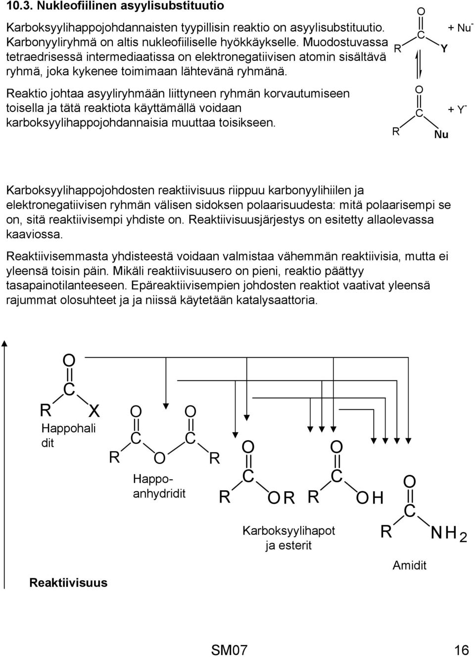 eaktio johtaa asyyliryhmään liittyneen ryhmän korvautumiseen toisella ja tätä reaktiota käyttämällä voidaan karboksyylihappojohdannaisia muuttaa toisikseen.