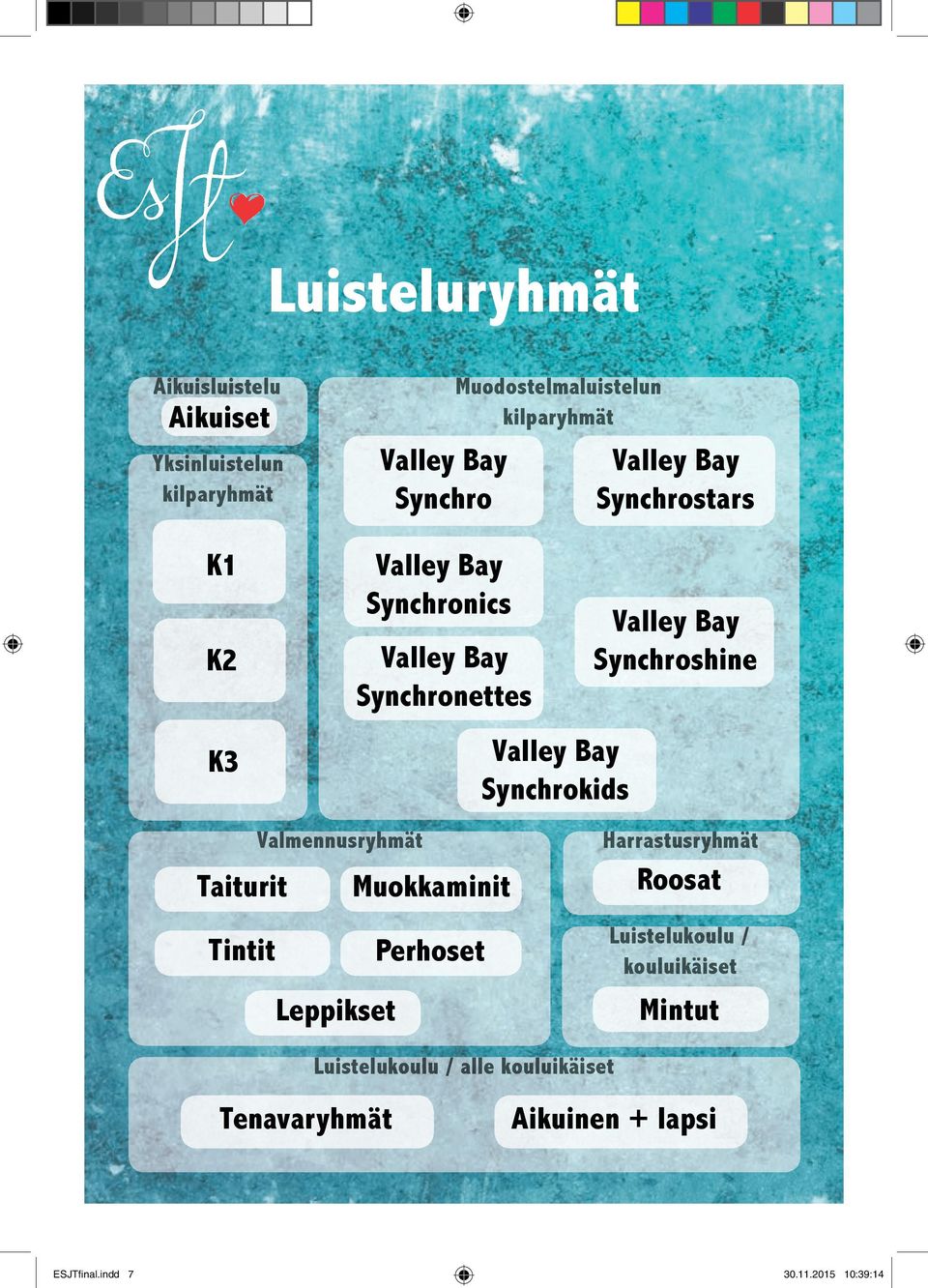 Synchrokids Valmennusryhmät Taiturit Muokkaminit Tintit Perhoset Leppikset Harrastusryhmät Roosat Luistelukoulu /