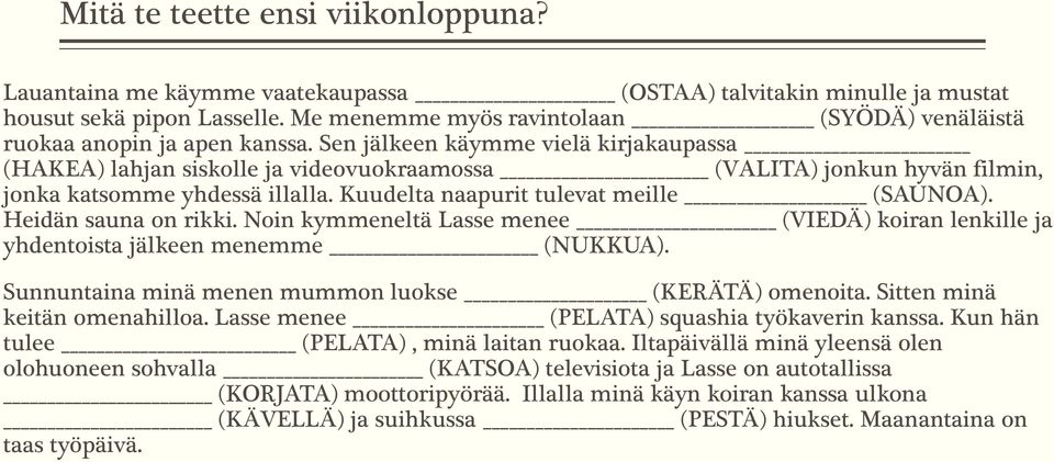 Sen jälkeen käymme vielä kirjakaupassa (HAKEA) lahjan siskolle ja videovuokraamossa (VALITA) jonkun hyvän filmin, jonka katsomme yhdessä illalla. Kuudelta naapurit tulevat meille (SAUNOA).