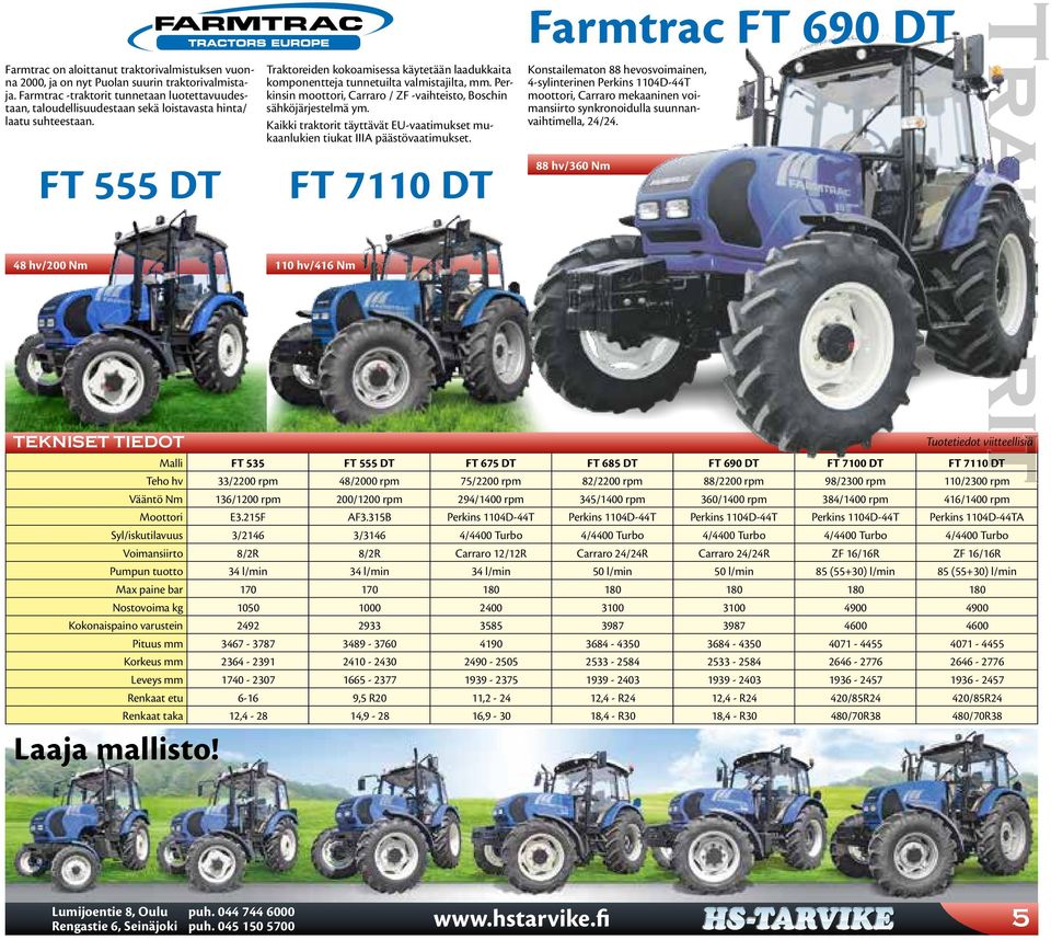 FT 555 DT 48 hv/200 Nm TEKNISET TIEDOT Traktoreiden kokoamisessa käytetään laadukkaita komponentteja tunnetuilta valmistajilta, mm.