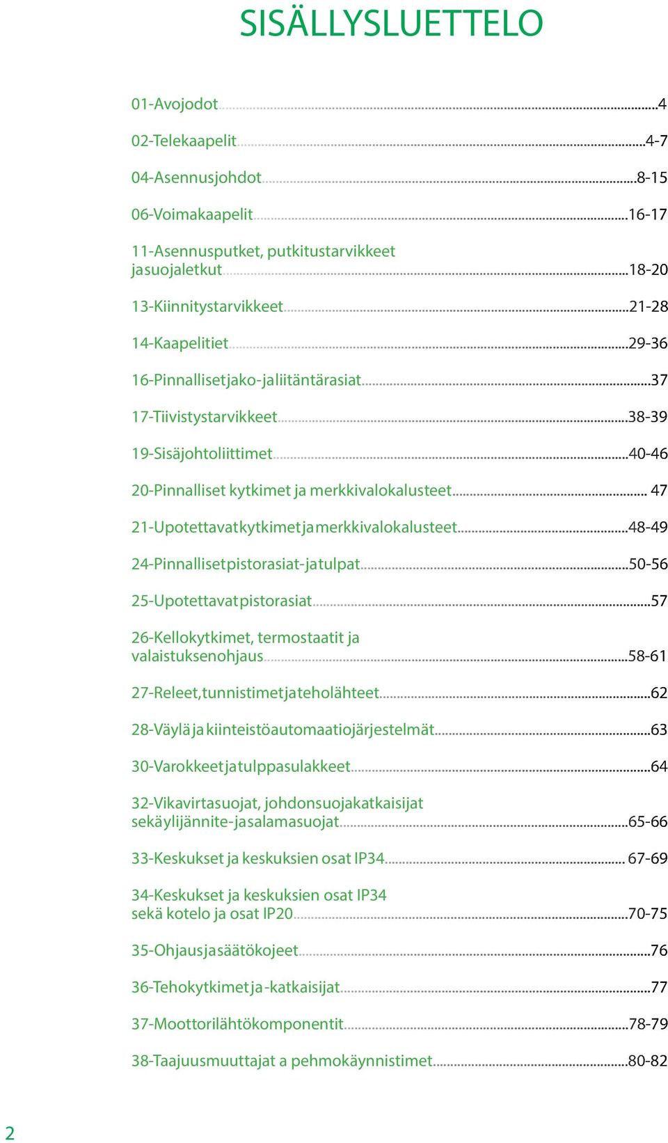 .. 47 21-Upotettavat kytkimet ja merkkivalokalusteet...48-49 24-Pinnalliset pistorasiat- ja tulpat...50-56 25-Upotettavat pistorasiat...57 26-Kellokytkimet, termostaatit ja valaistuksenohjaus.