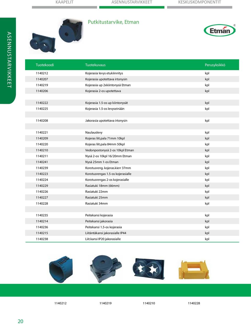 5-os levyseinään kpl 1140208 Jakorasia upotettava irtonysin kpl VALAISTUS 1140221 Naulauslevy kpl 1140209 Kojeras liit.pala 71mm 10kpl kpl 1140220 Kojeras liit.