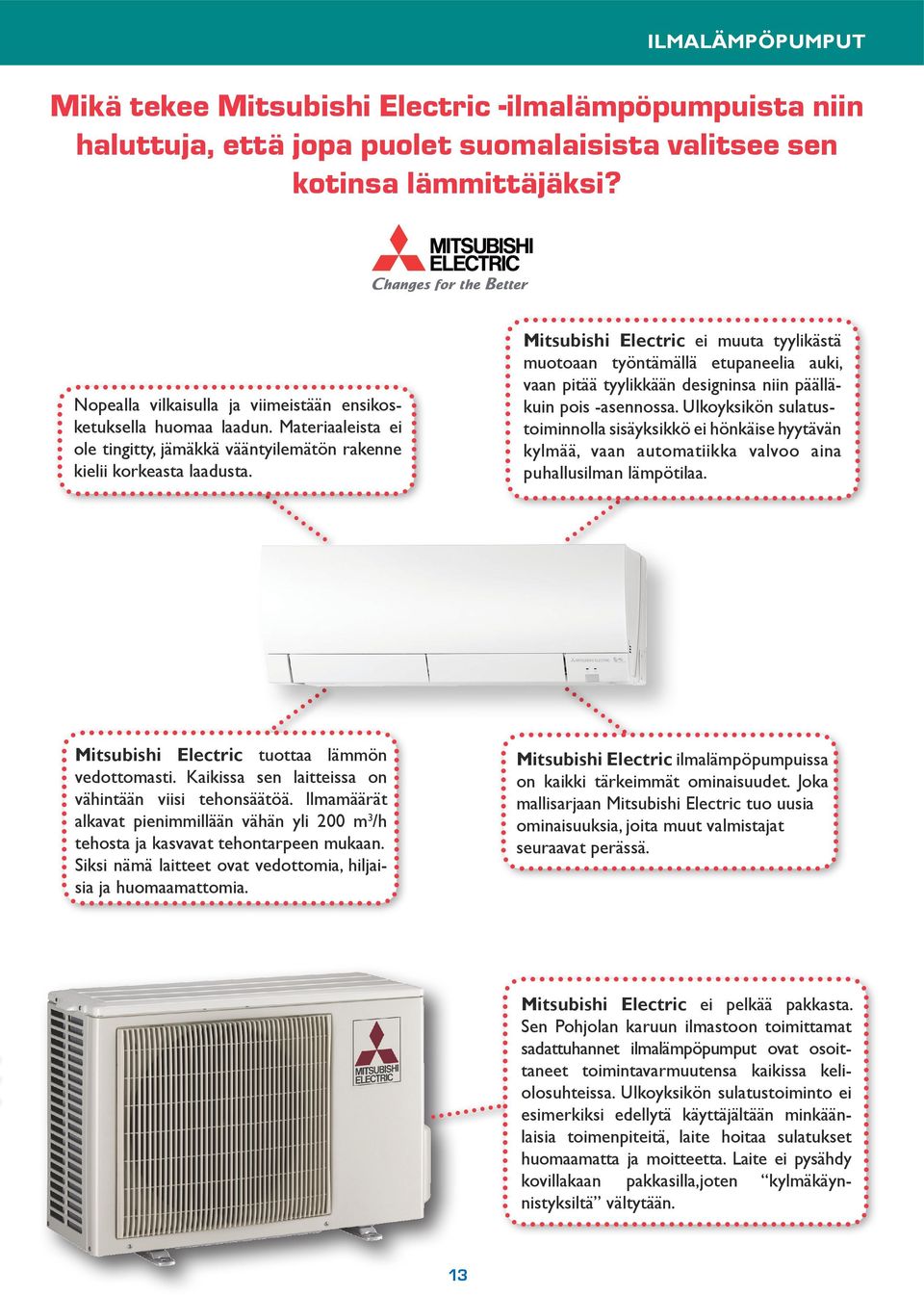 Mitsubishi Electric ei muuta tyylikästä muotoaan työntämällä etupaneelia auki, vaan pitää tyylikkään designinsa niin päälläkuin pois -asennossa.