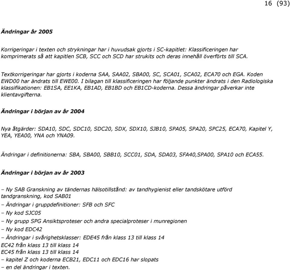 I bilagan till klassificeringen har följande punkter ändrats i den Radiologiska klassifikationen: EB1SA, EE1KA, EB1AD, EB1BD och EB1CD-koderna. Dessa ändringar påverkar inte klientavgifterna.