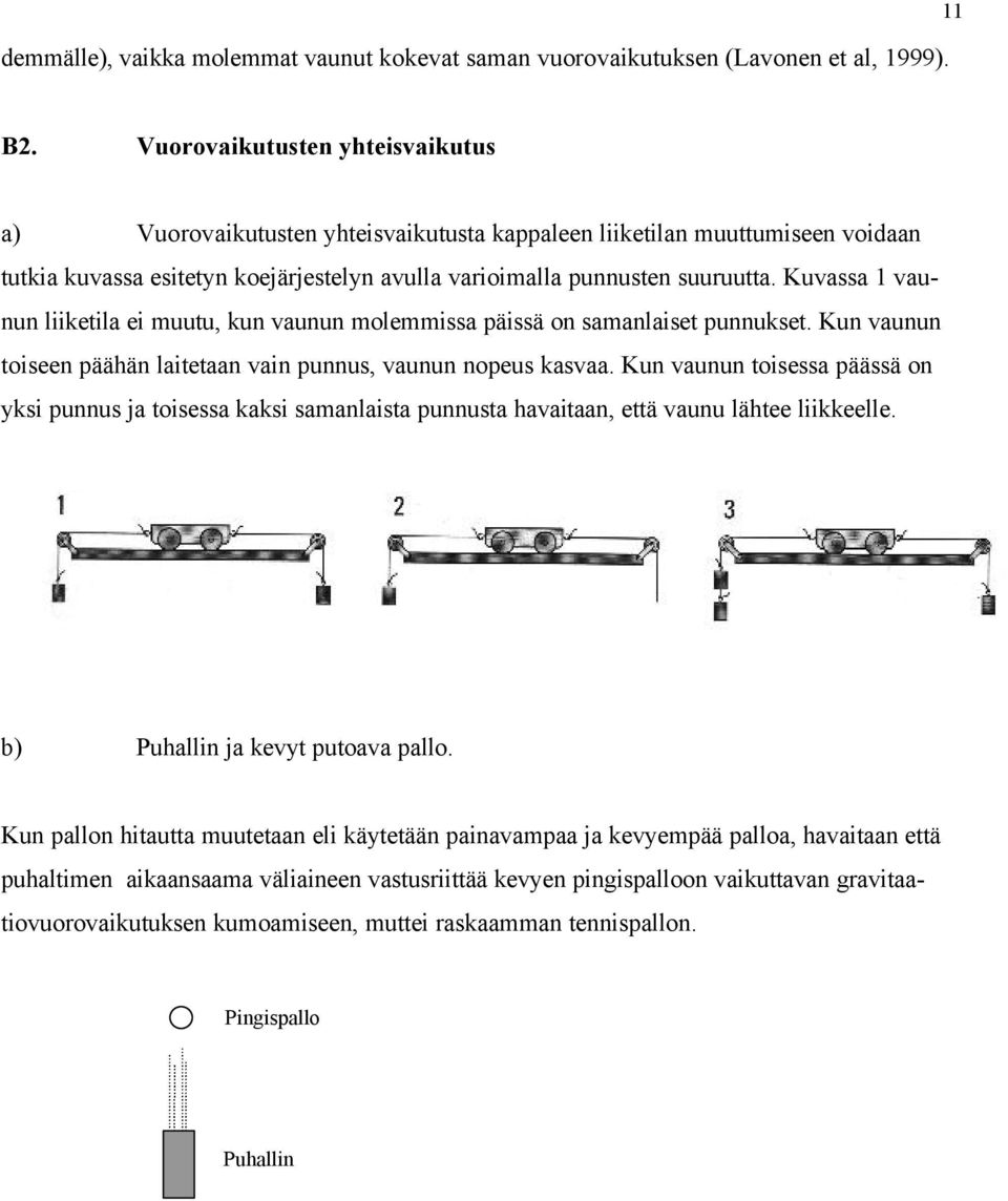 Kuvassa 1 vaunun liiketila ei muutu, kun vaunun molemmissa päissä on samanlaiset punnukset. Kun vaunun toiseen päähän laitetaan vain punnus, vaunun nopeus kasvaa.