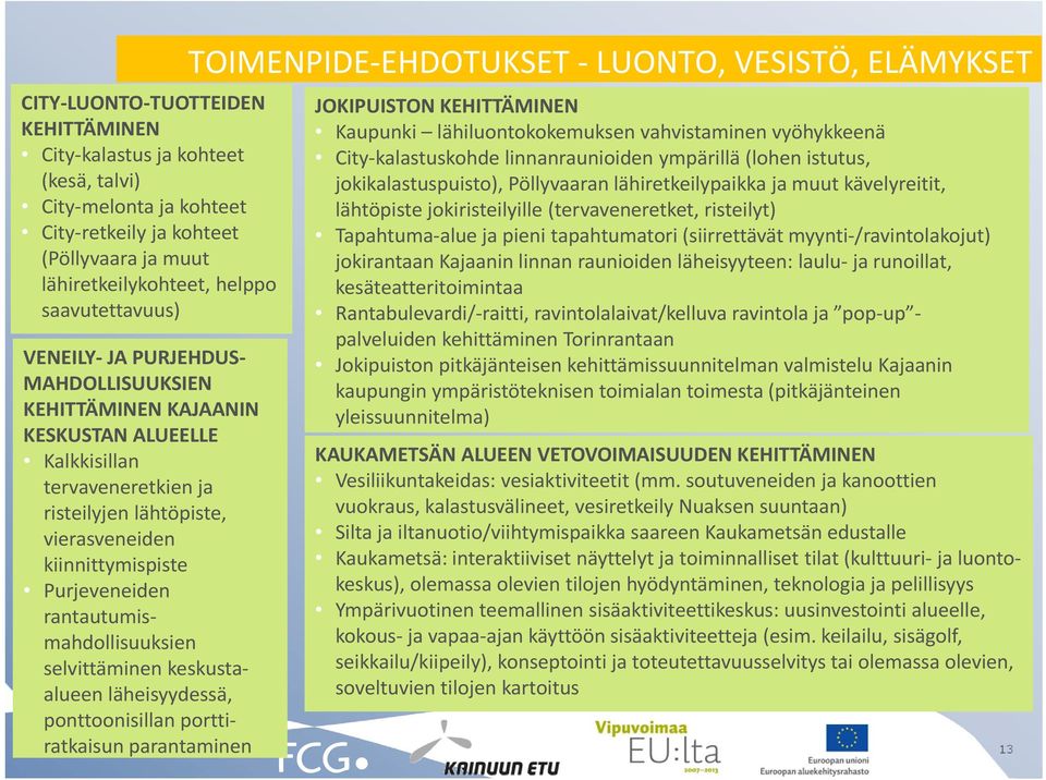 selvittäminen keskustaalueen läheisyydessä, ponttoonisillan porttiratkaisun parantaminen TOIMENPIDE EHDOTUKSET LUONTO, VESISTÖ, ELÄMYKSET JOKIPUISTON KEHITTÄMINEN Kaupunki lähiluontokokemuksen