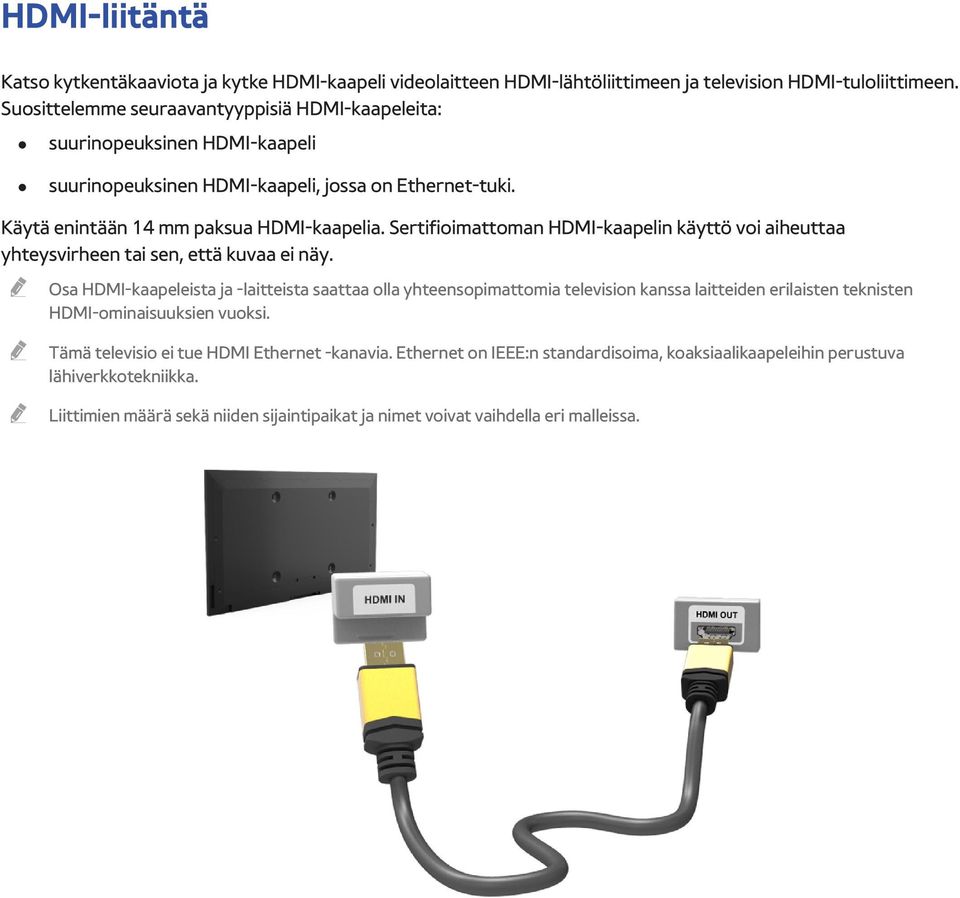Sertifioimattoman HDMI-kaapelin käyttö voi aiheuttaa yhteysvirheen tai sen, että kuvaa ei näy.