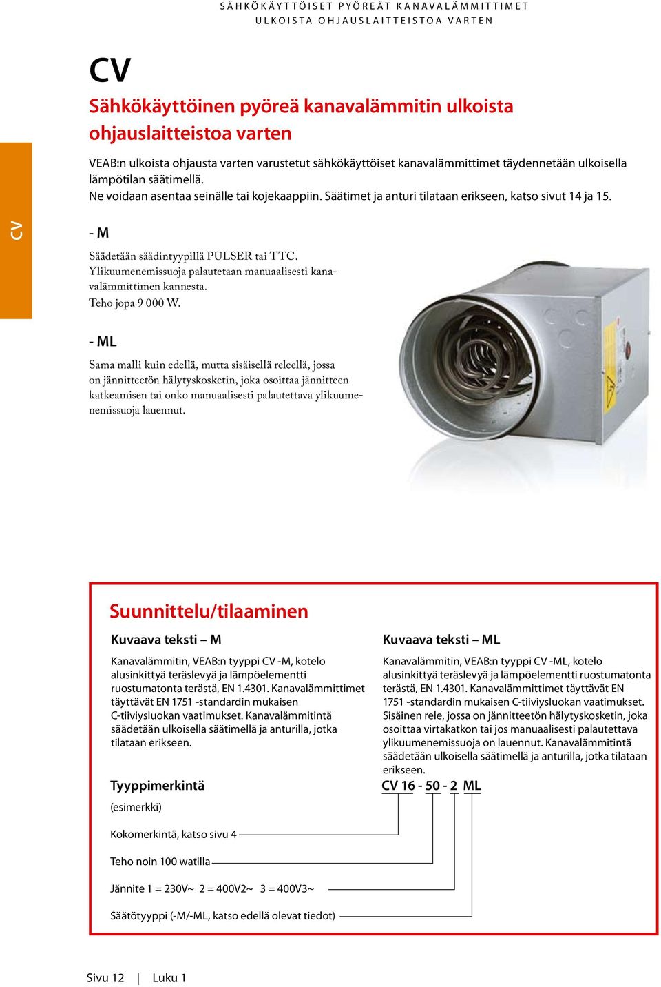 Ylikuumenemissuoja palautetaan manuaalisesti kanavalämmittimen kannesta. Teho jopa 9 000 W.