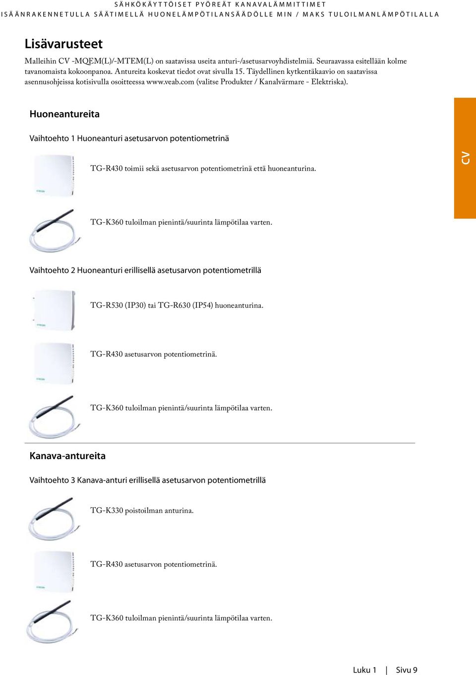 com (valitse Produkter / Kanalvärmare - Elektriska). Huoneantureita Vaihtoehto 1 Huoneanturi asetusarvon potentiometrinä TG-R430 toimii sekä asetusarvon potentiometrinä että huoneanturina.