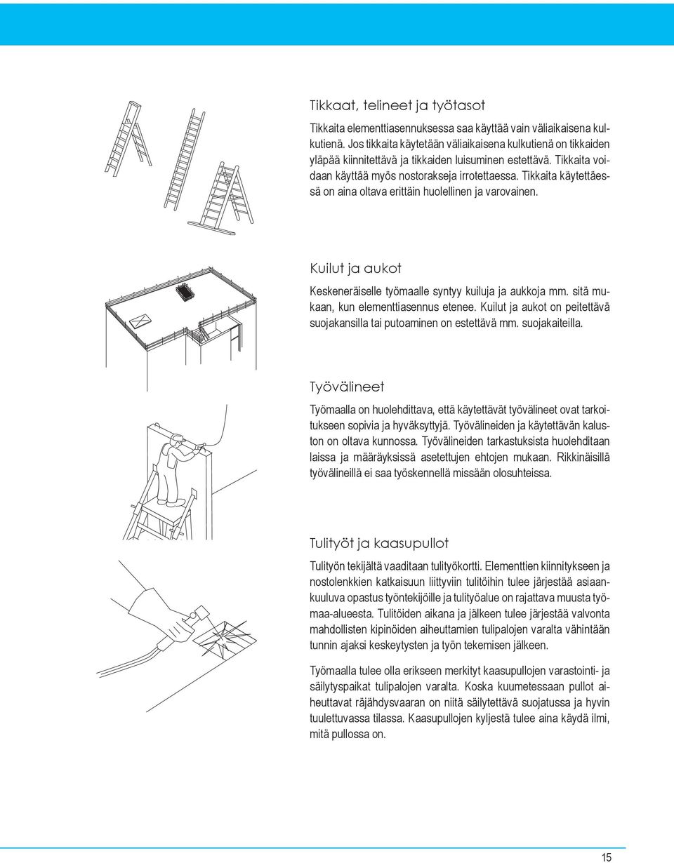 Tikkaita käytettäessä on aina oltava erittäin huolellinen ja varovainen. Kuilut ja aukot Keskeneräiselle työmaalle syntyy kuiluja ja aukkoja mm. sitä mukaan, kun elementtiasennus etenee.