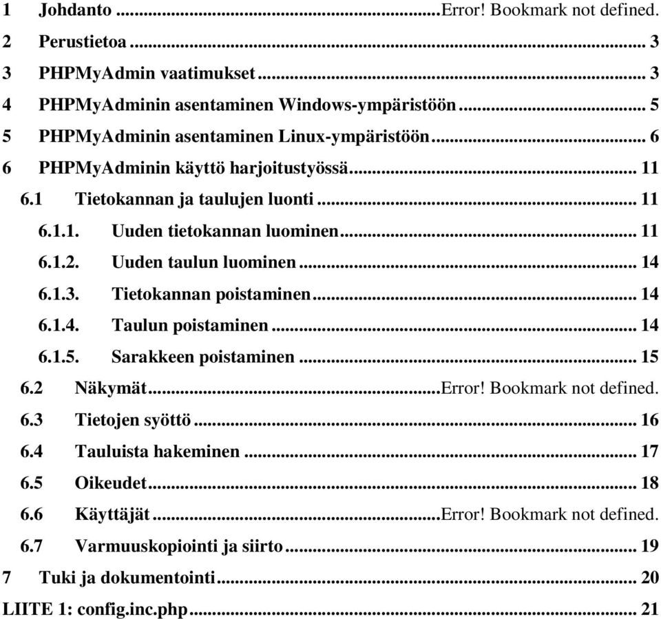 .. 11 6.1.2. Uuden taulun luominen... 14 6.1.3. Tietokannan poistaminen... 14 6.1.4. Taulun poistaminen... 14 6.1.5. Sarakkeen poistaminen... 15 6.2 Näkymät...Error!