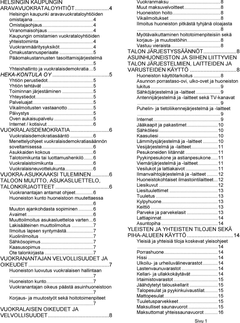 .. 5 Yhteishallinto ja vuokralaisdemokratia... 5 HEKA-KONTULA OY...5 Yhtiön perustiedot... 5 Yhtiön tehtävät... 5 Toiminnan järjestäminen... 5 Yhteystiedot... 5 Palveluajat.