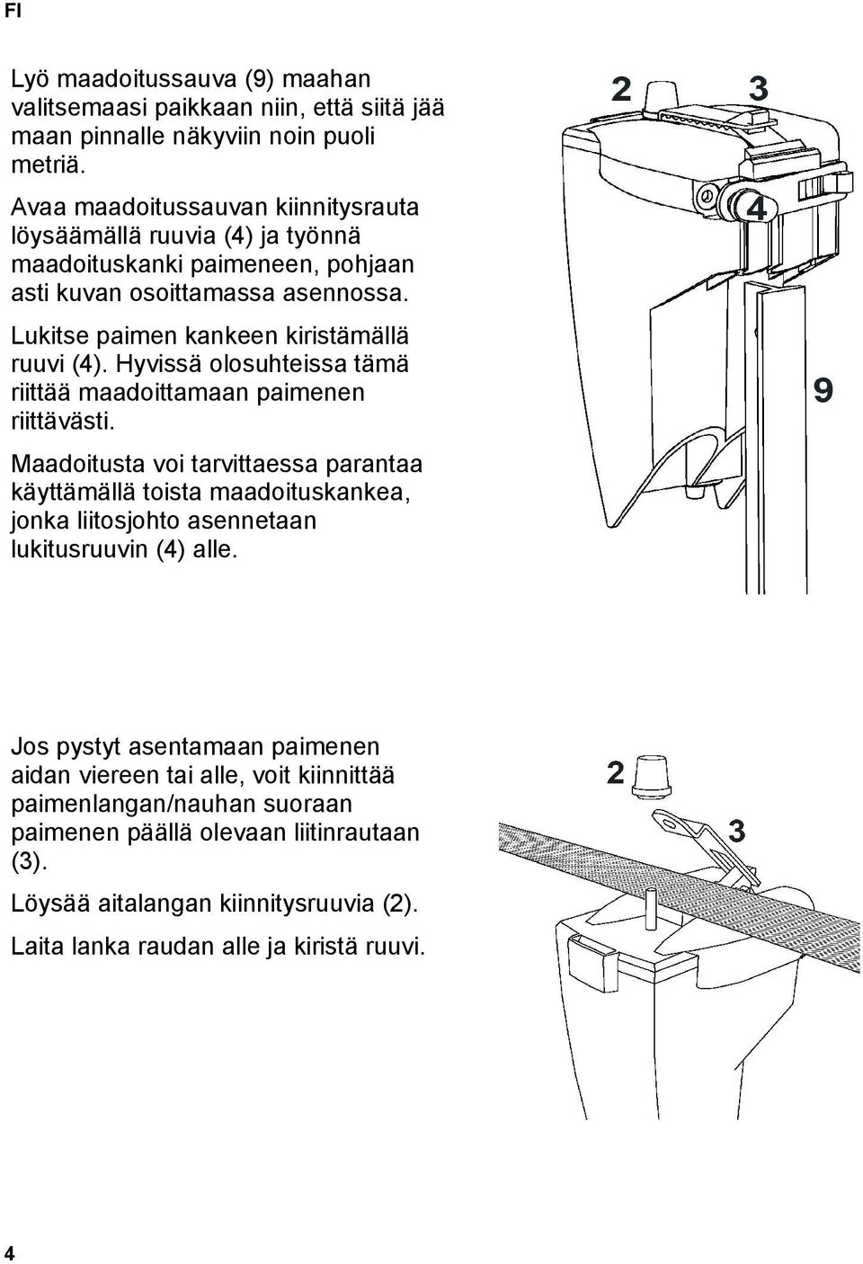 Lukitse paimen kankeen kiristämällä ruuvi (4). Hyvissä olosuhteissa tämä riittää maadoittamaan paimenen riittävästi.