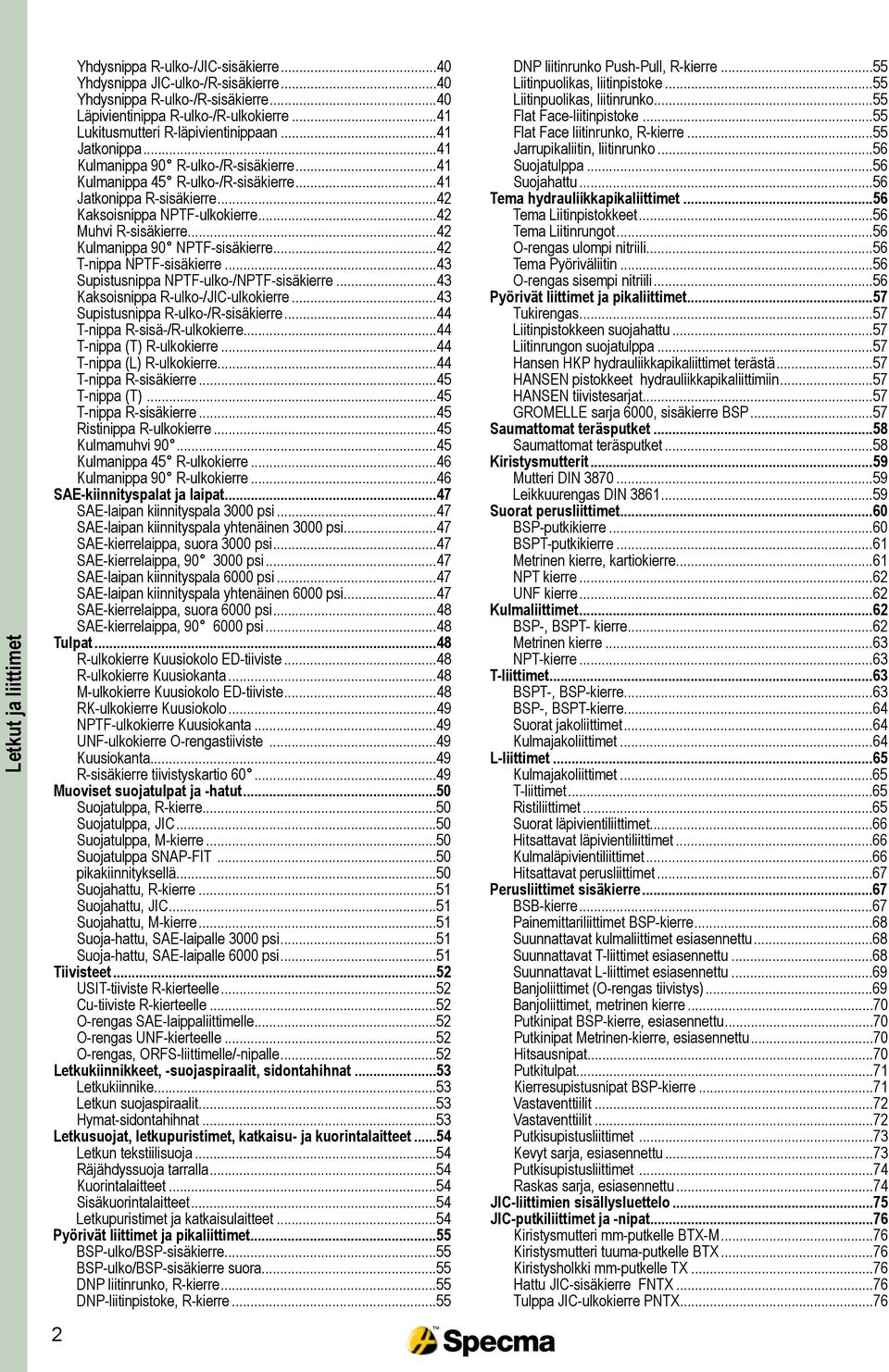 ..42 Kulmanippa 90 NPTF-sisäkierre...42 T-nippa NPTF-sisäkierre...43 Supistusnippa NPTF-ulko-/NPTF-sisäkierre...43 Kaksoisnippa R-ulko-/JIC-ulkokierre...43 Supistusnippa R-ulko-/R-sisäkierre.