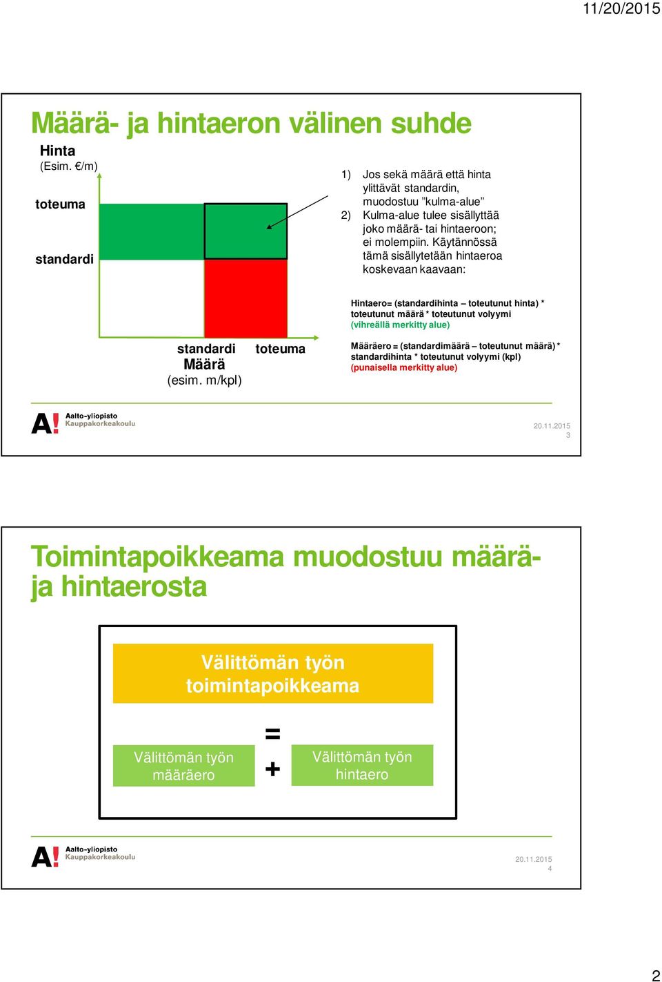 Käytännössä tämä sisällytetään hintaeroa koskevaan kaavaan: Hintaero= (standardihinta toteutunut hinta) * toteutunut määrä * toteutunut volyymi (vihreällä merkitty alue)