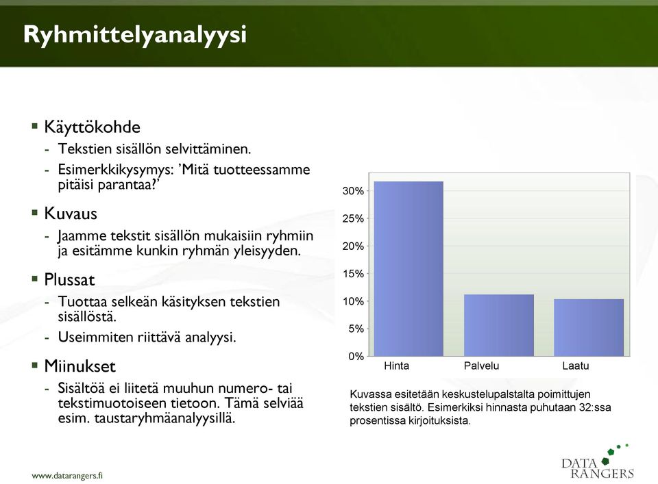 - Useimmiten riittävä analyysi. - Sisältöä ei liitetä muuhun numero- tai tekstimuotoiseen tietoon. Tämä selviää esim. taustaryhmäanalyysillä.