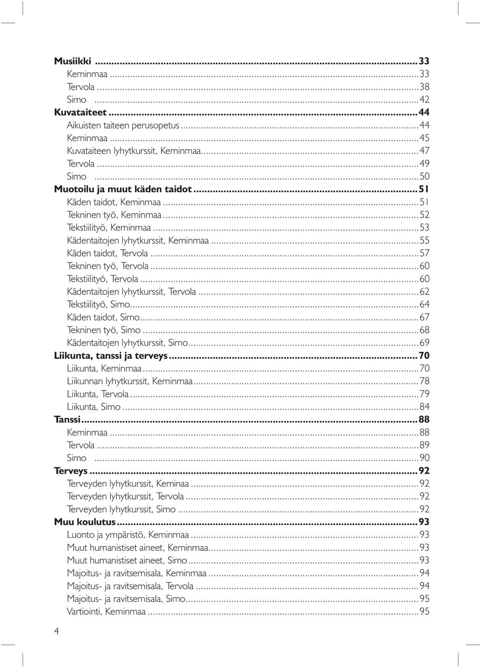 ..57 Tekninen työ, Tervola...60 Tekstiilityö, Tervola...60 Kädentaitojen lyhytkurssit, Tervola...62 Tekstiilityö, Simo...64 Käden taidot, Simo...67 Tekninen työ, Simo.