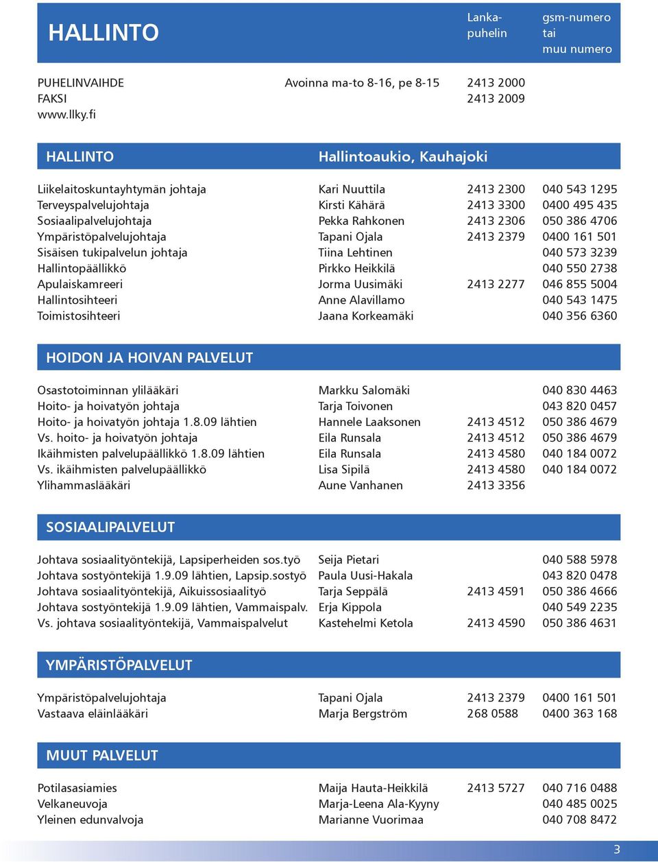 Rahkonen 2413 2306 050 386 4706 Ympäristöpalvelujohtaja Tapani Ojala 2413 2379 0400 161 501 Sisäisen tukipalvelun johtaja Tiina Lehtinen 040 573 3239 Hallintopäällikkö Pirkko Heikkilä 040 550 2738