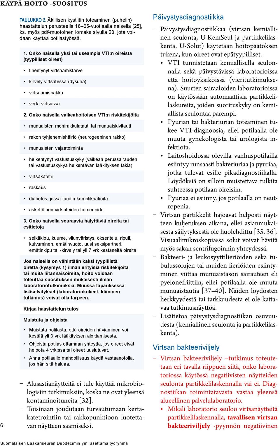 Onko naisella yksi tai useampia VTI:n oireista (tyypilliset oireet) tihentynyt virtsaamistarve kirvely virtsatessa (dysuria) virtsaamispakko verta virtsassa 2.