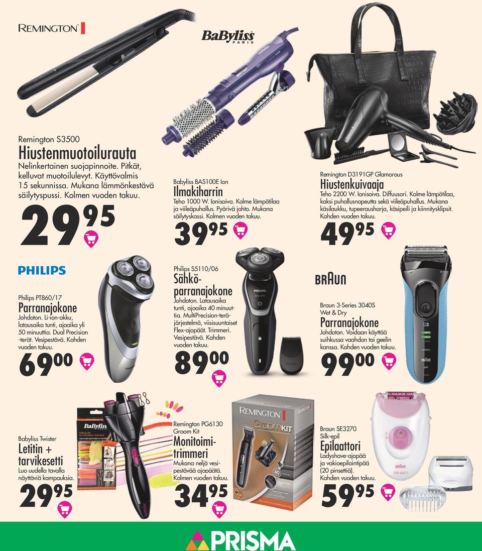 69 00 Babyliss BAS100E Ion Ilmakiharrin Teho 1000 W. Ionisoiva. Kolme lämpö tilaa ja viileäpuhallus. Pyörivä johto. Mukana säilytyskassi. Kolmen vuoden takuu.