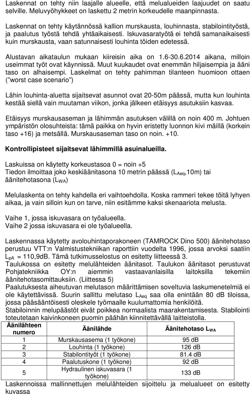 Iskuvasaratyötä ei tehdä samanaikaisesti kuin murskausta, vaan satunnaisesti louhinta töiden edetessä. Alustavan aikataulun mukaan kiireisin aika on 1.6-