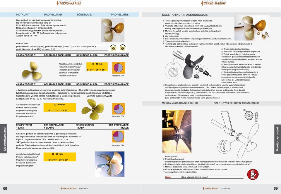 Akselin kartio on 1:10 Potkurin tiedot: potkuriakselin halkaisija (mm), potkurin halkaisija (tuuma "), potkurin nousu (tuuma ") pyörintäsuunta oikea (RH) tai vasen (LH) 3-LAPA POTKURIT 3-BLADIGA
