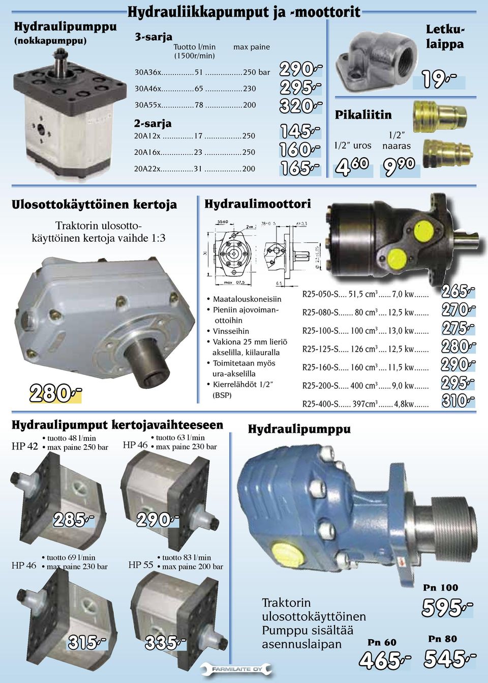 ..200 320,- Letkulaippa 19,- Ulosottokäyttöinen kertoja Traktorin ulosottokäyttöinen kertoja vaihde 1:3 Hydraulimoottori 280,- Hydraulipumput kertojavaihteeseen tuotto 48 l/min max paine 250 bar HP