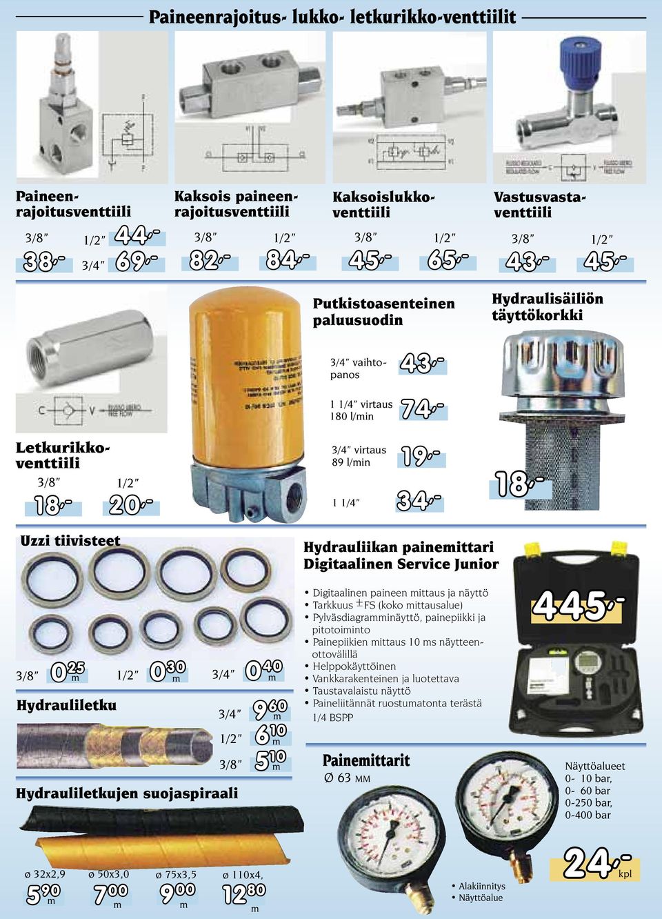 89 l/min 1 1/4 19,- 34,- 18,- Uzzi tiivisteet 3/8 0 25 1/2 0 30 0 40 m m 3/4 m Hydrauliletku 3/4 9 60 m 1/2 6 10 m 3/8 5 10 m Hydrauliletkujen suojaspiraali Hydrauliikan painemittari Digitaalinen